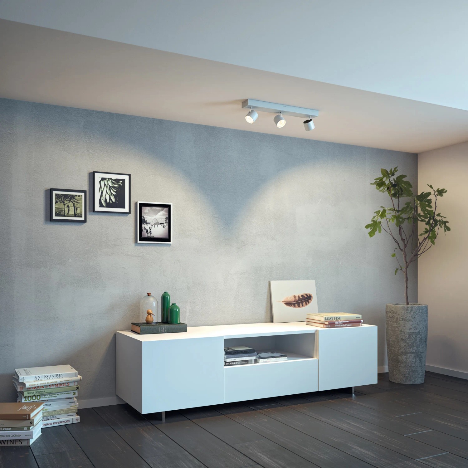 Weißer Philips myLiving LED-Spot Star 3er mit Warmglow in modernem Wohnraum.