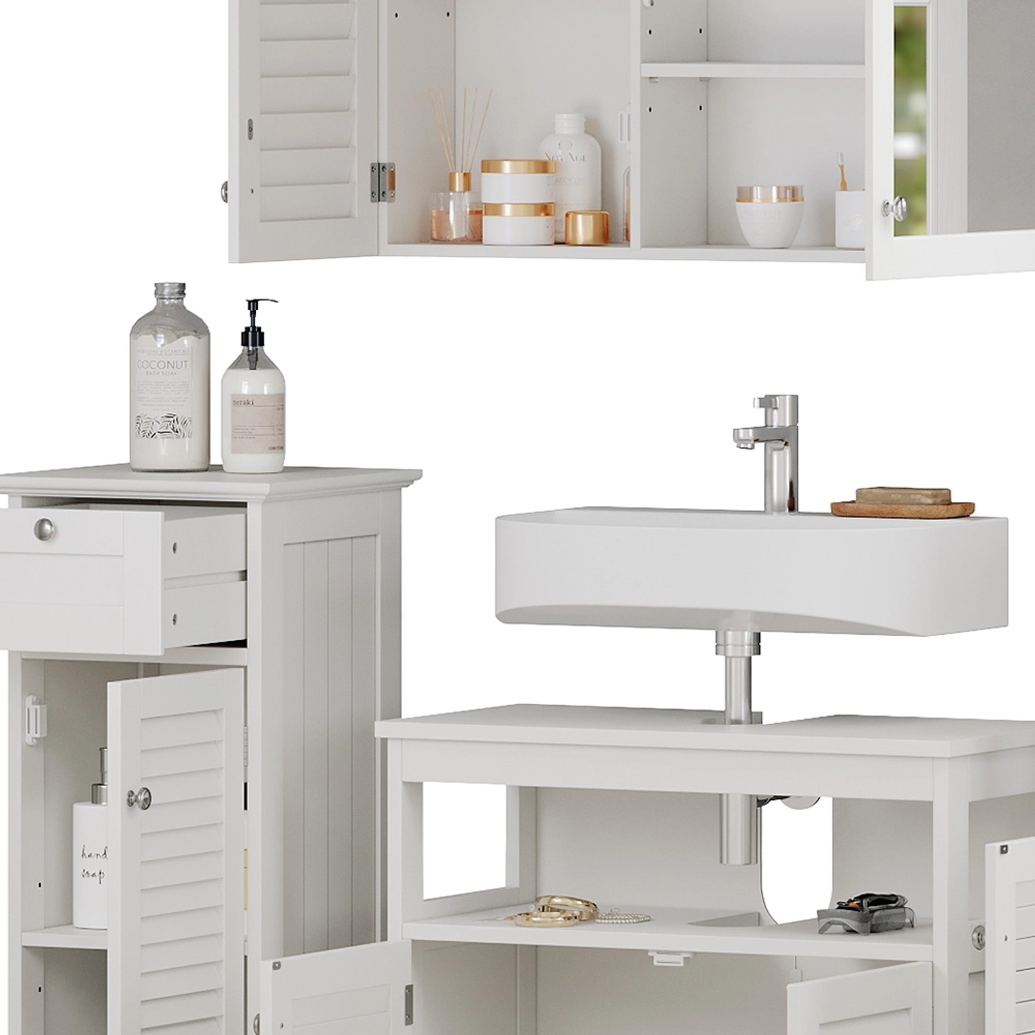 Vicco Badmöbel-Set Riad Weiß, 4-teilig: Waschbecken, Unterschrank, Spiegel- & Midischrank für mehr Stauraum im Bad.