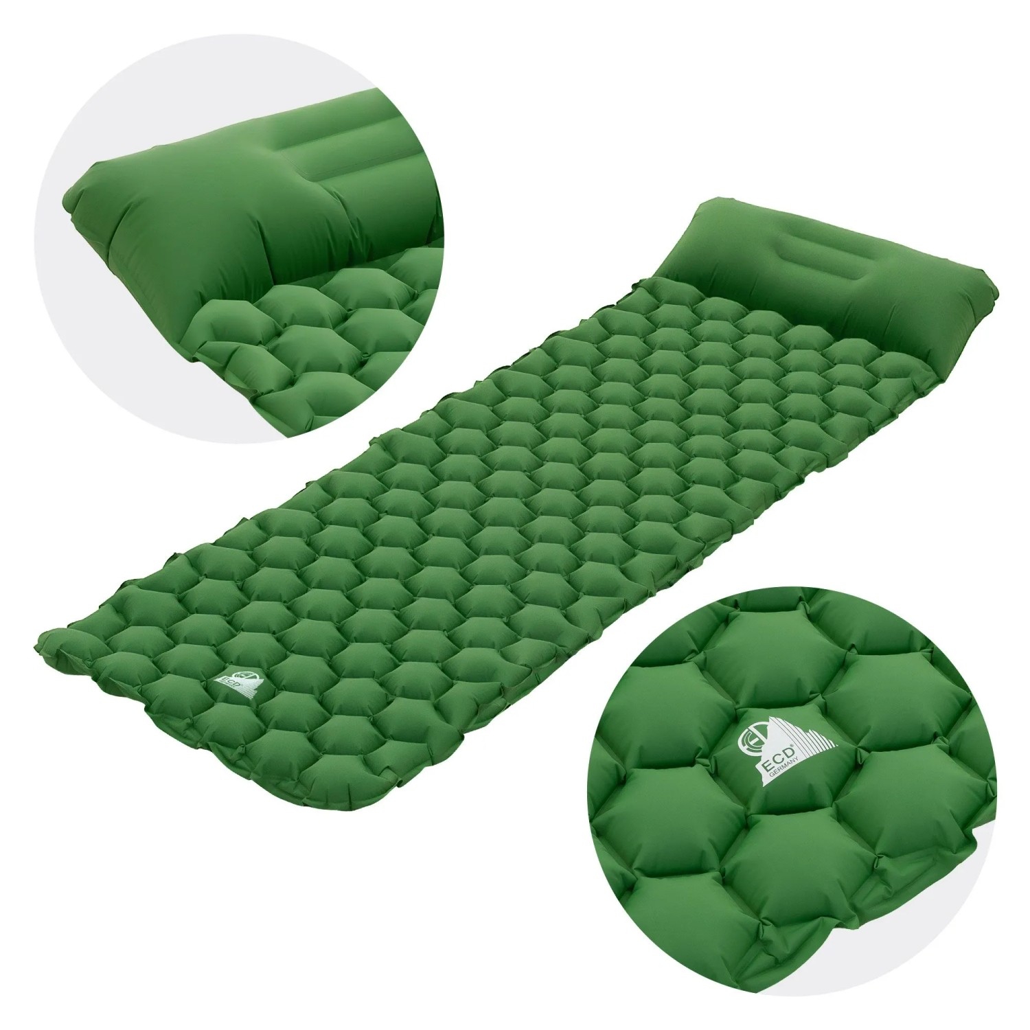 Grüne ECD Germany Isomatte Camping 185x62x15 cm aus Nylon, mit Luftkammern und Kopfkissen.