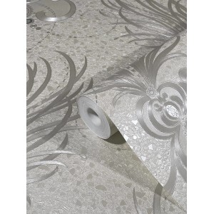 Glööckler Vliestapete Imperial mit Federn und Ornamenten in Pearl-Grau.