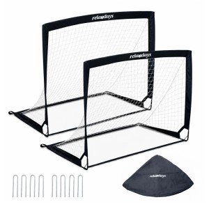 Zwei schwarze faltbare Pop-up Fußballtore aus Stahl mit Netz, Erdhaken und Tragetasche für Sport & Fitness.