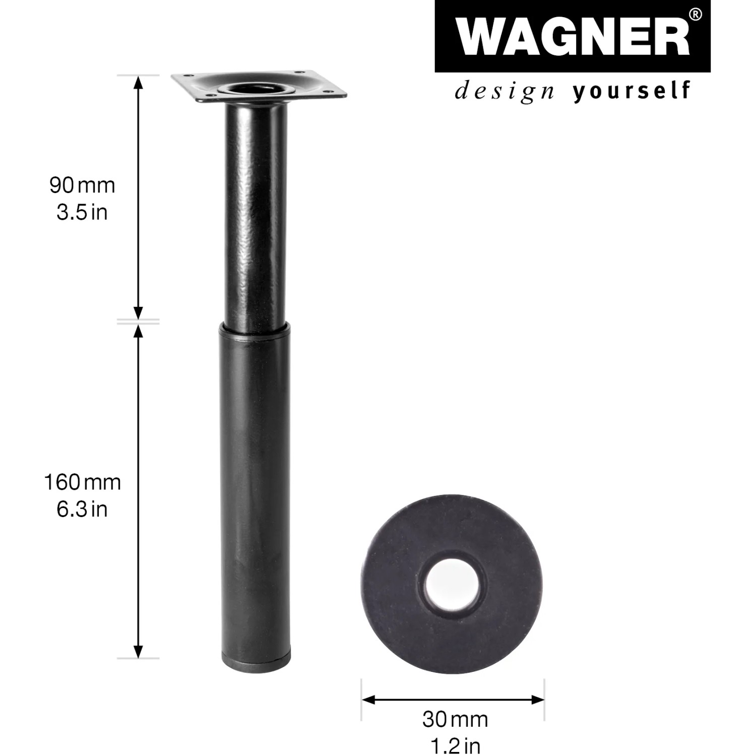 Wagner Teleskopfuß, justierbar, schwarz, Ø 30 mm, Länge 160-250 mm. Möbelbein aus Stahl, höhenverstellbar.