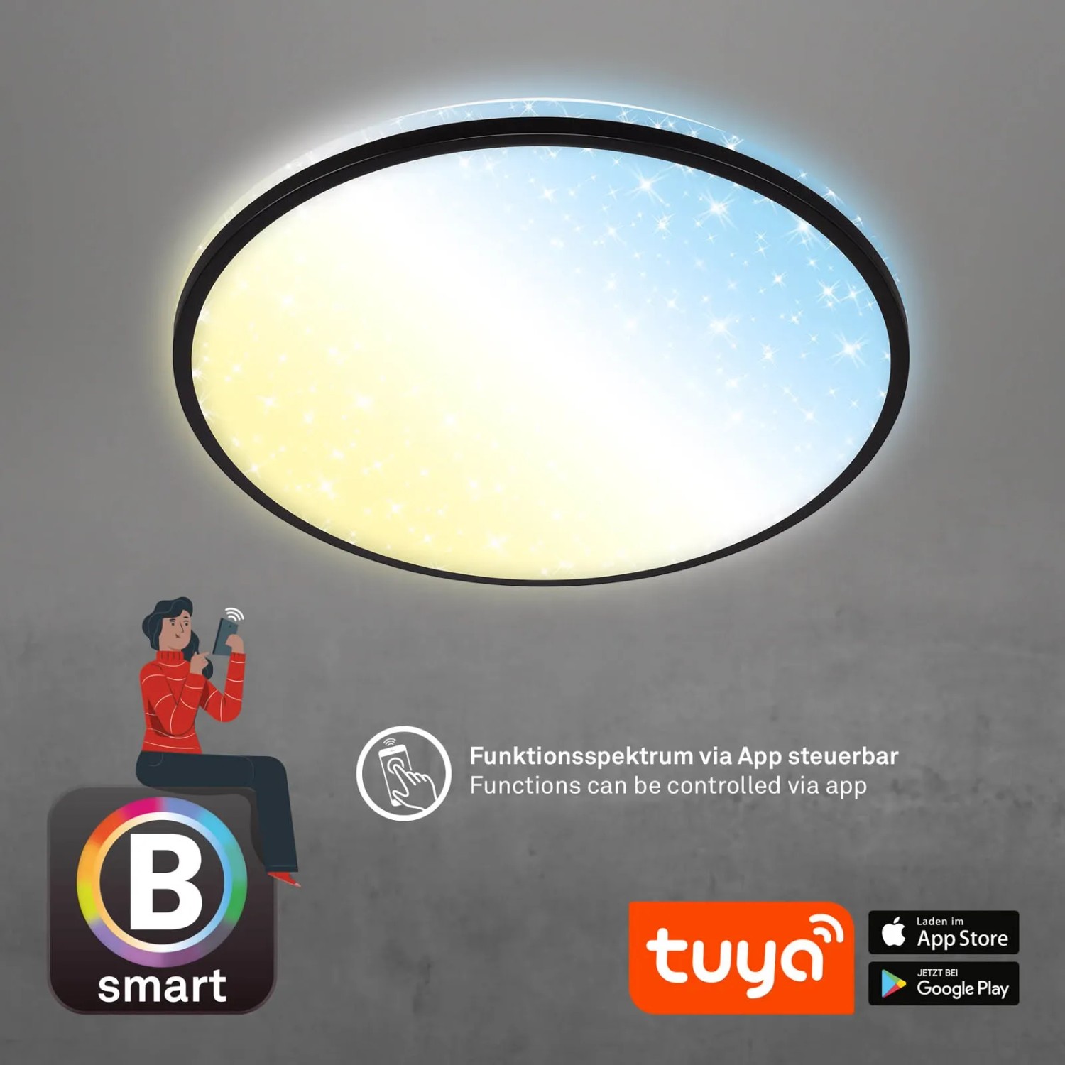Dimmbare Brilo LED-Deckenleuchte Ivy Sky S, schwarz, mit Sternendekor und App-Steuerung.