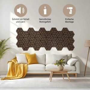 Braune Hexagon Akustikpaneele als Wanddeko im Wohnzimmer. Schallabsorbierende Holzoptik Wandpaneele für modernes Design.