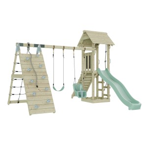 OutdoorToys Spielturm Kiruna mit Babyschaukel (Mintgrün), Kletterwand und Rutsche.