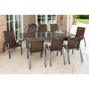Merxx Varese Gartenmöbel-Set mit 8 Stapelsesseln und ausziehbarem Gartentisch (180-240x100 cm).