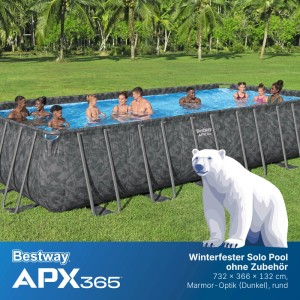 Bestway APX365 Winterfester Solo Pool in dunkler Marmor-Optik mit Badegästen und Eisbär-Figur.