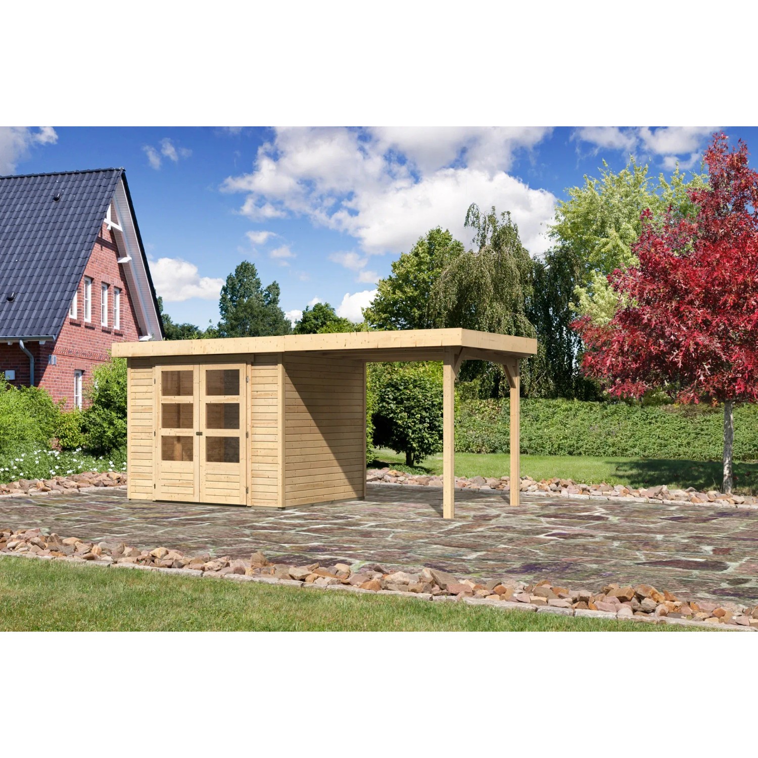 Naturbelassenes Karibu Express Gartenhaus Speedy B mit Schleppdach (462x217cm).