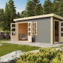 Terragraues Karibu Holz-Gartenhaus Vännersborg mit Flachdach und offenen Doppeltüren.