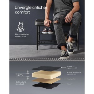 Schwarze Vasagle Schuhbank mit Sitzfläche und zwei Ablagen für Schuhe.
