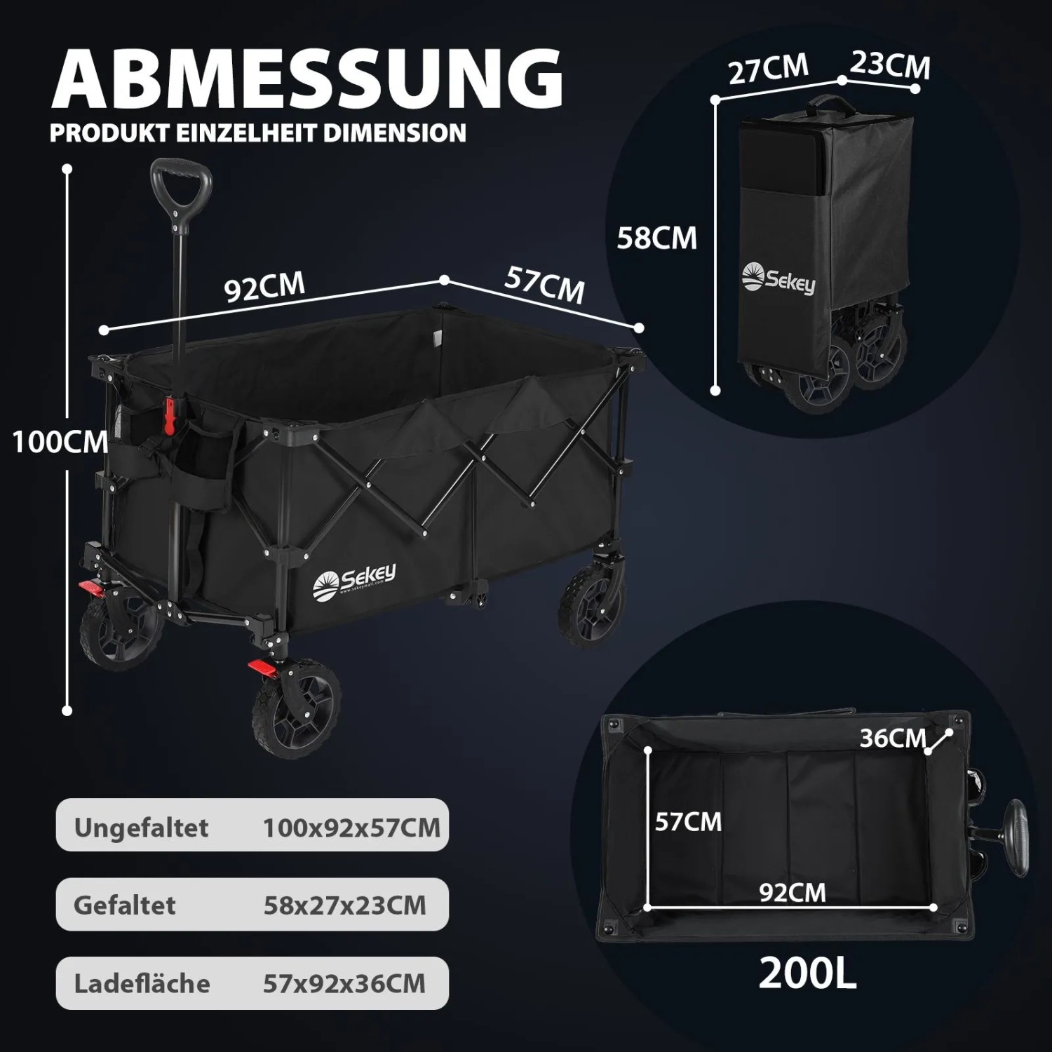 Sekey XXL Bollerwagen, faltbar, 200L, schwarz, für Camping & Freizeit.