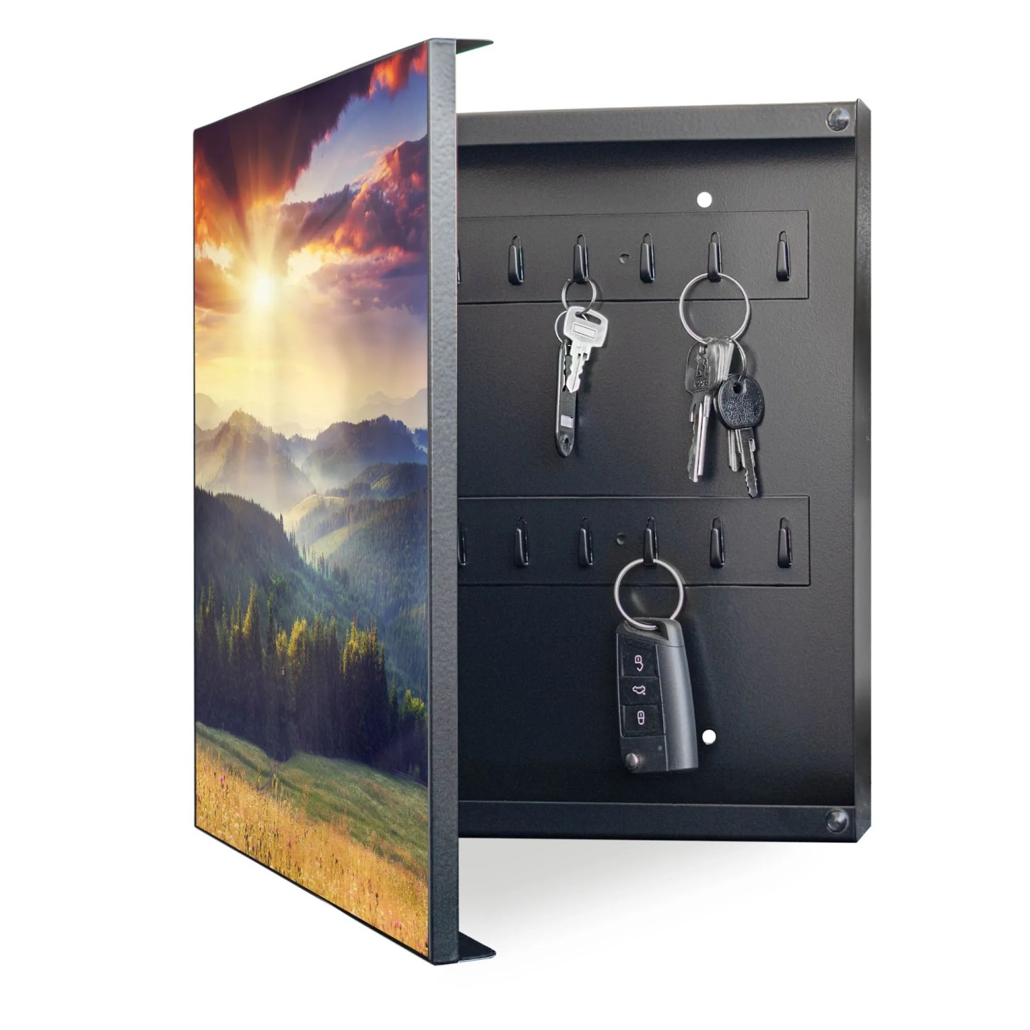 Banjado Großer Schlüsselkasten Metall 30x30cm Schwarz Scharnier Links 50 Haken Beschreibbar Magnetisch Motiv Karpaten Sonnenuntergang