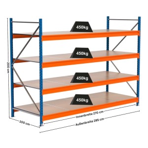 PROREGAL Industrie Weitspannregal Lagerregal MAXIMUS PRO Grundregal HxBxT 200x275x100cm 4 Spanplatten-Fachboden Fachlast 450kg Blau/Orange