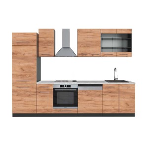 Moderne Küchenzeile in Goldkraft Eiche/Anthrazit mit Marmor Arbeitsplatte, 300 cm breit.