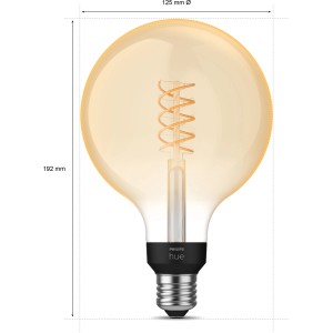 Philips Hue LED-Lampe E27 G125 Filament, warmweißes Licht, dimmbar.