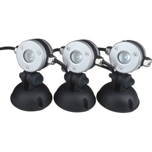 Oase LunAqua Mini LED Teichbeleuchtung, 3er Set mit neutralweißem Licht und Edelstahl-Details.