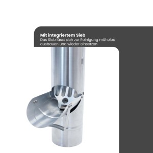 Zambelli Regenrohrklappe mit Sieb Ø 87mm in Silber. Die offene Regenwasserklappe zeigt das integrierte, leicht entnehmbare Sieb.