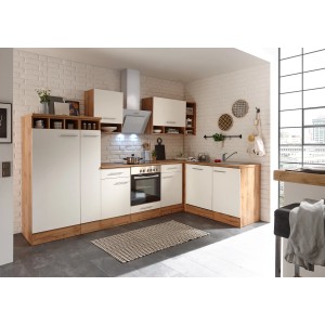 Respekta Winkelküche in Weiß und Wildeiche Nachbildung mit E-Geräten und Apothekerschrank.