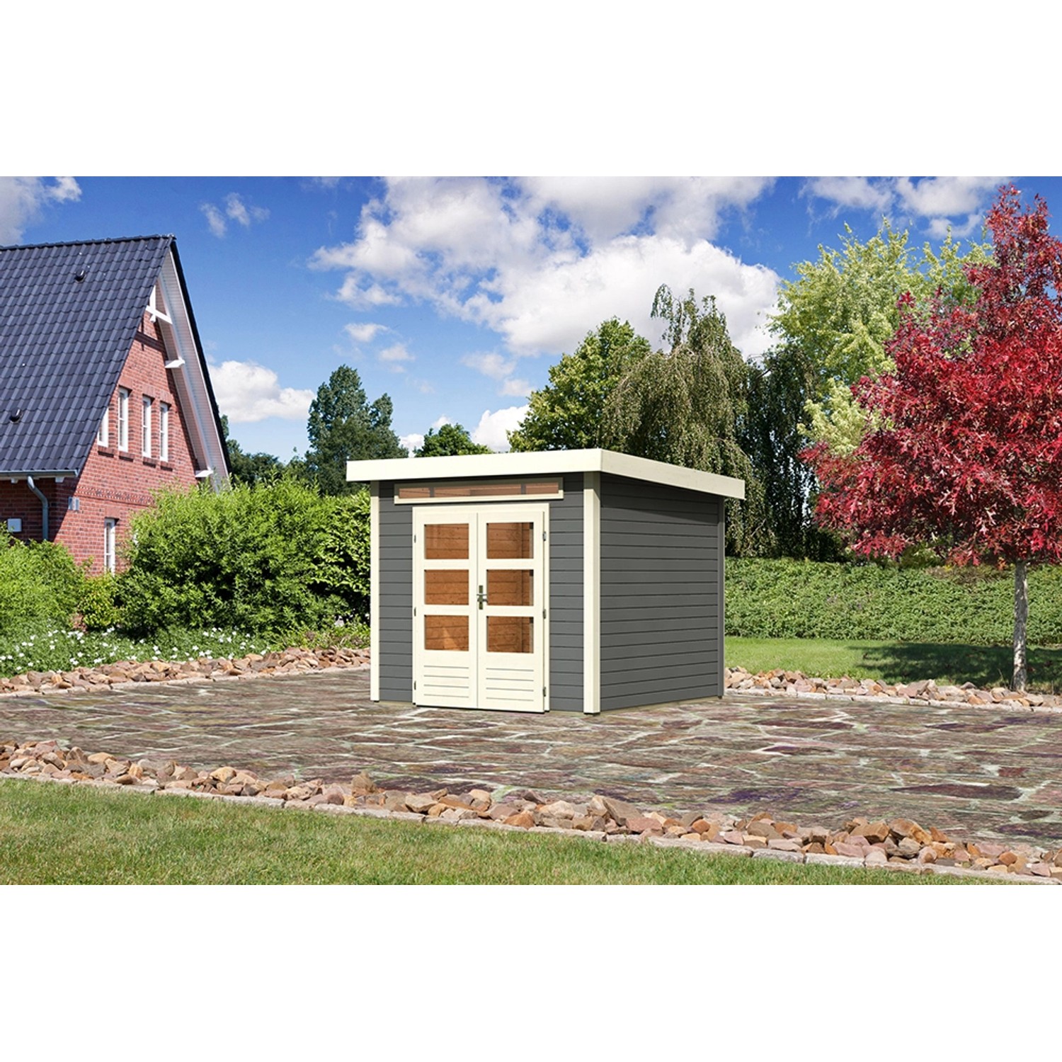 Karibu Holz-Gartenhaus Kumla 3 Terragrau Pultdach Lackiert 240 cm x 240 cm günstig online kaufen