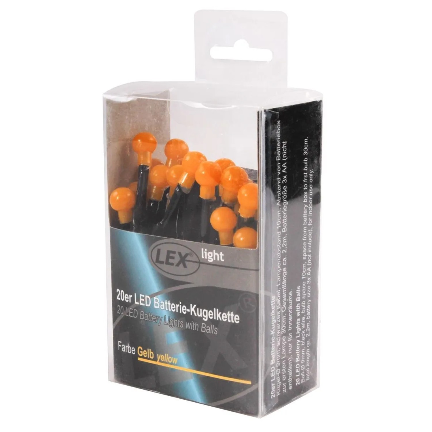 Gelbe LED Kugel-Lichterkette mit 20 Lichtern, batteriebetrieben für Innenräume.