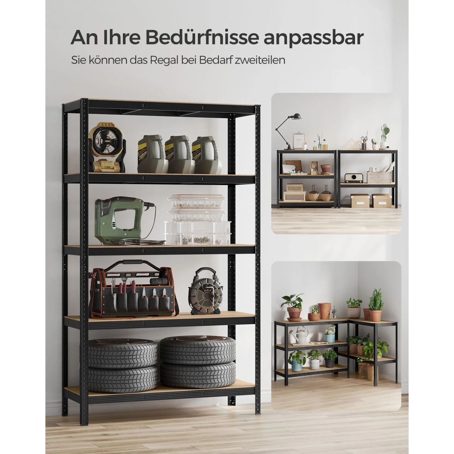 Schwarzes Songmics Schwerlastregal (60x120x200 cm) mit fünf Regalböden, beladen mit Werkzeugen und Reifen.