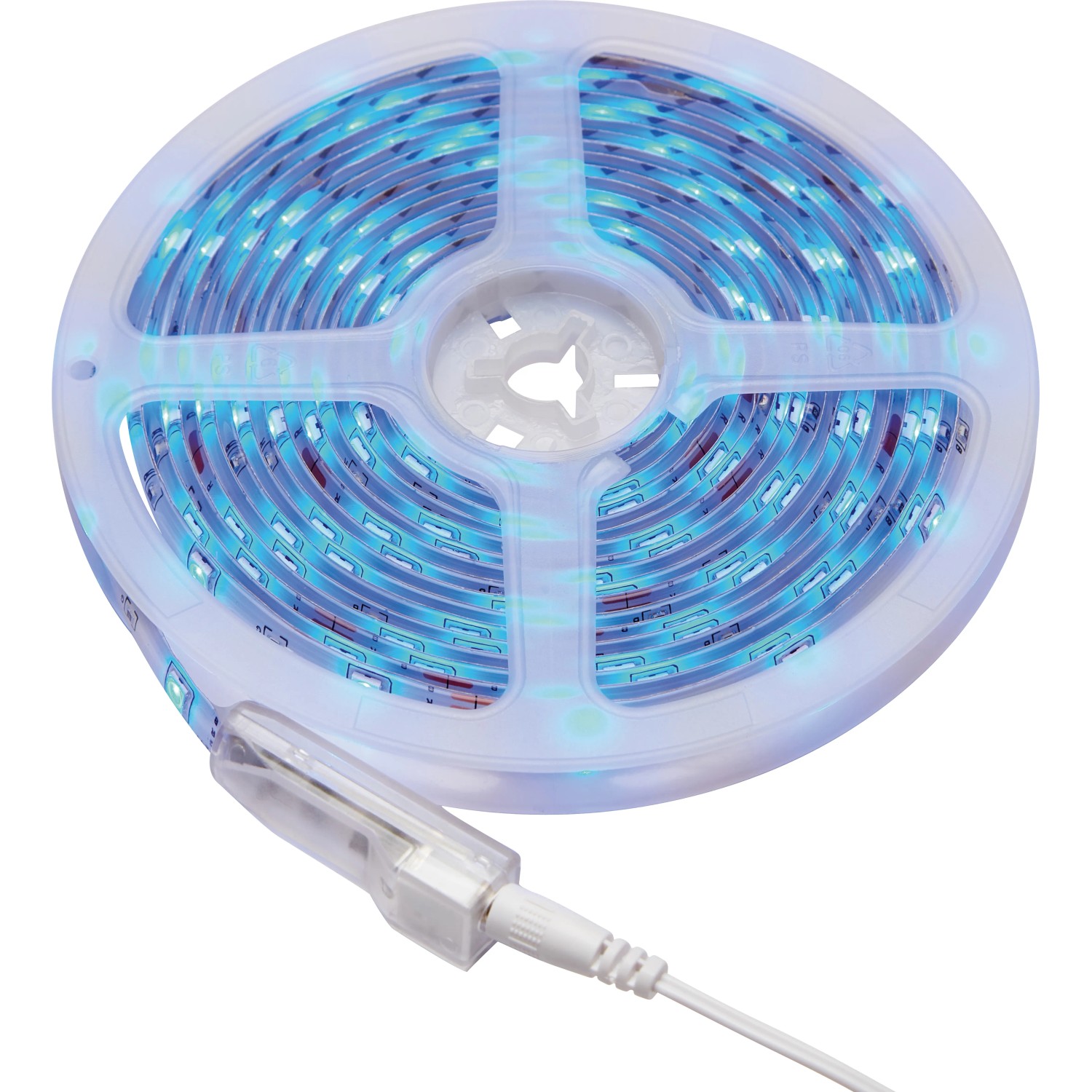 Aufgerolltes LED-Flexband RGB, 5 m, mit blauen LEDs und Anschlusskabel.