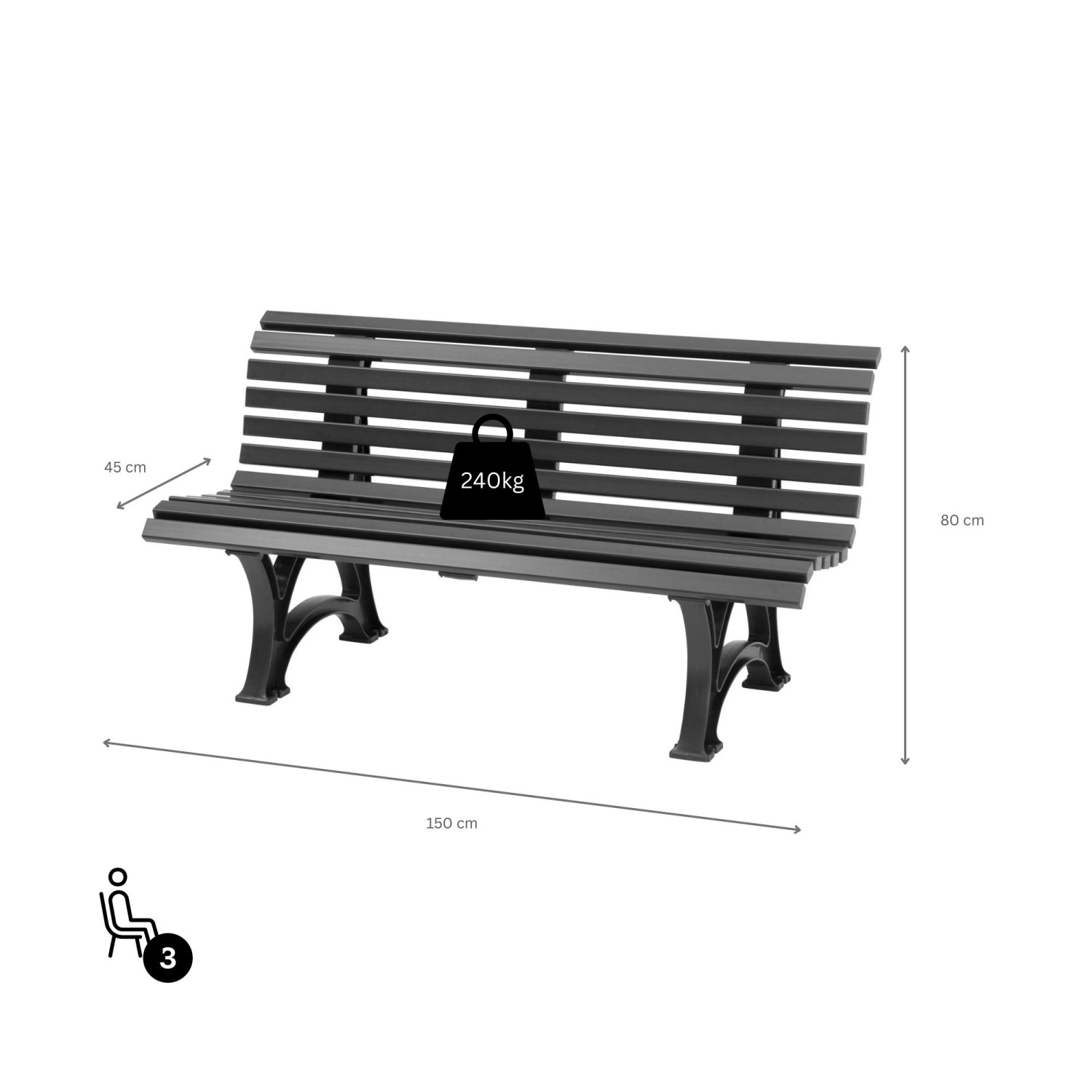 Graphitgraue 3-Sitzer Gartenbank Jamaika aus Witterungskunststoff, 150 cm breit.