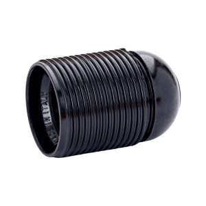 Schwarze E27 Lampenfassung aus Kunststoff mit Schraubgewinde für Lampenschirme.