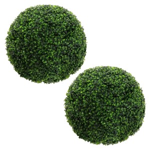 Zwei grüne künstliche Buchsbaumkugeln aus Kunststoff, Ø35 cm, für Dekoration. Naturgetreue Kunstpflanzen im 2er Set.