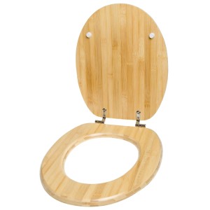 Sanilo WC-Sitz aus Bambus, Toilettendeckel aus Holz, geöffnet.