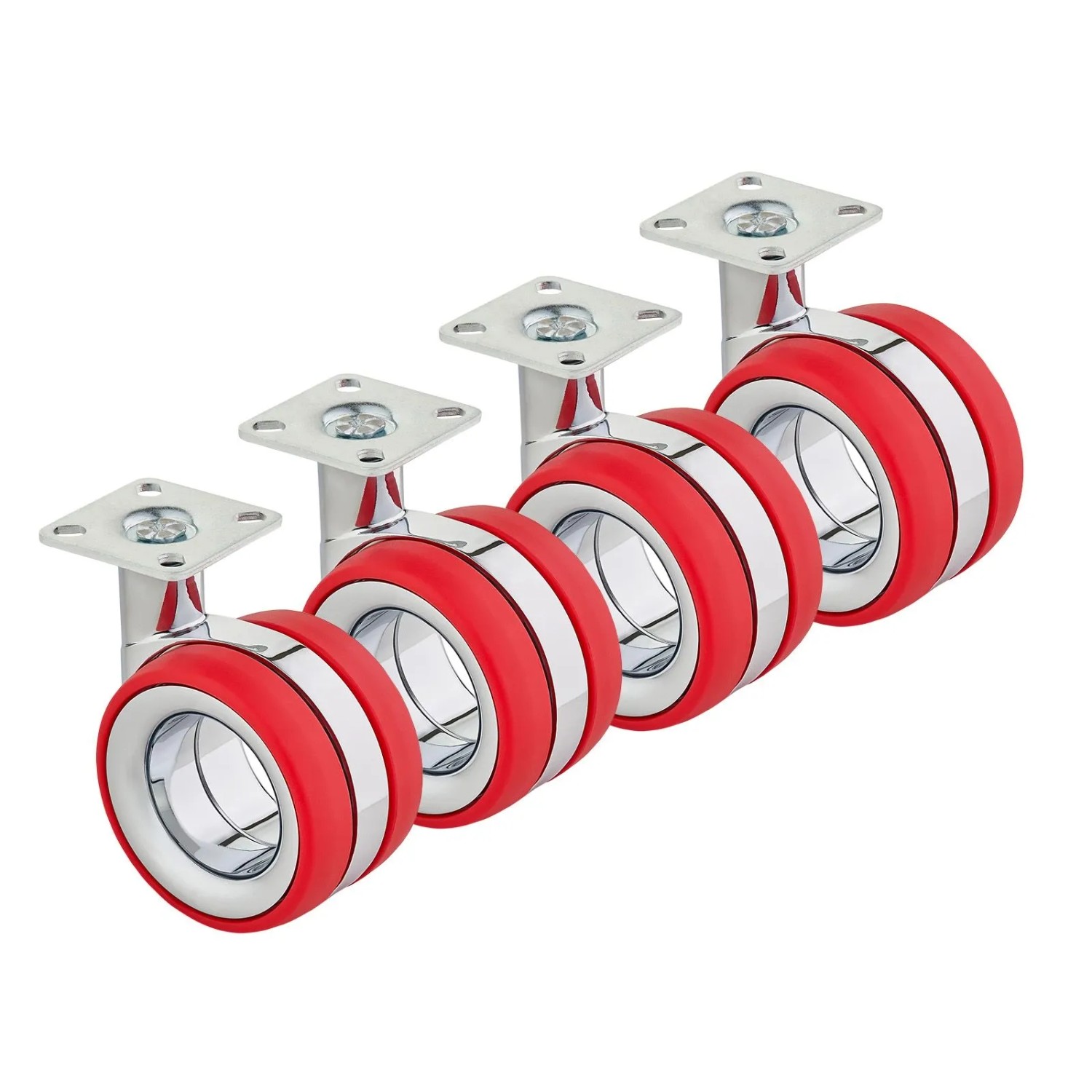SOTECH 4er Set Premium Möbelrolle DÜSSELDORF Ø75 mm Höhe 98,5 mm Chrom Rot Ohne Bremse Anschraubplatte 47 x 47 mm