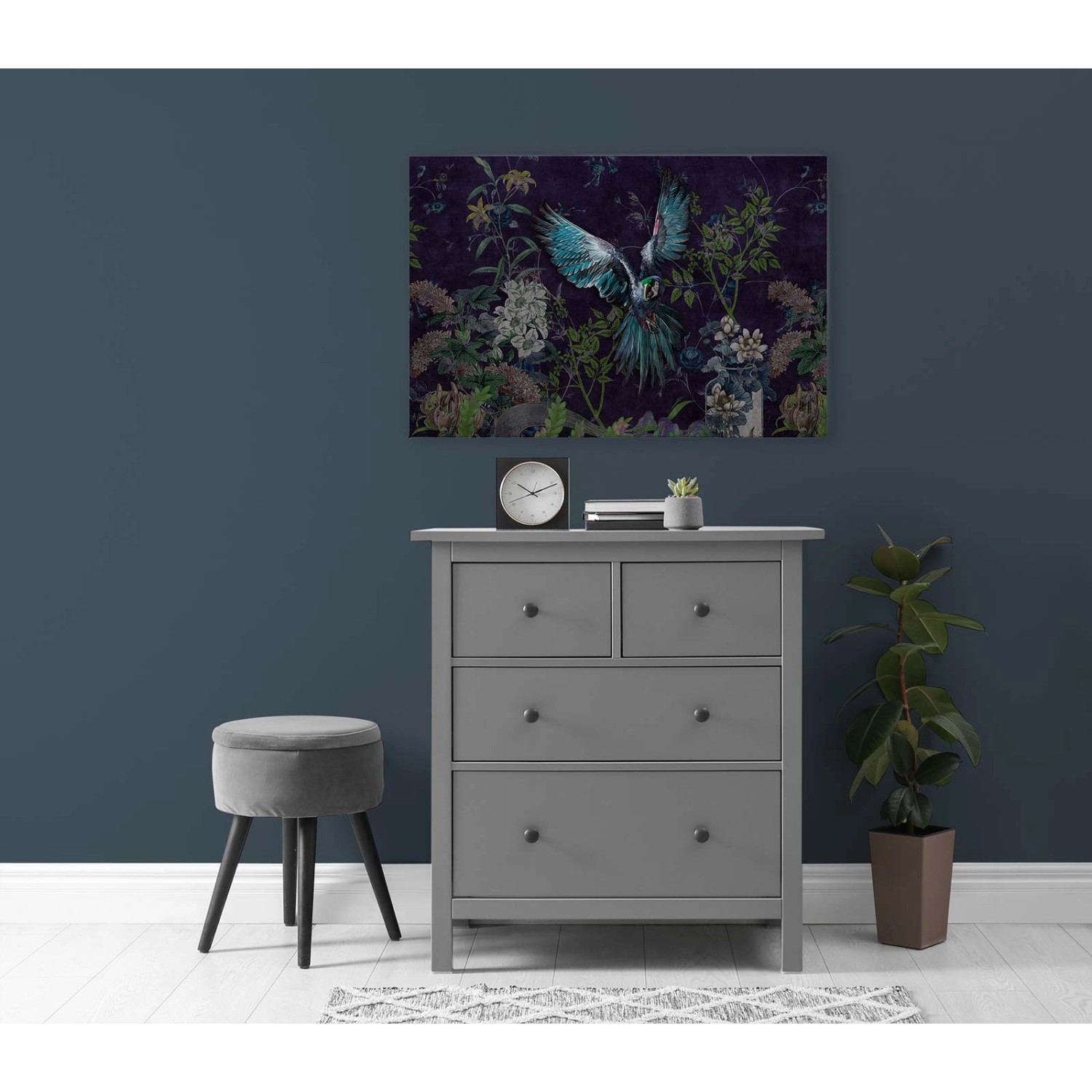 Bricoflor Leinwandbild Papagei In Dunkelblau Dschungel Bild 90 X 60 Cm Modernes Wandbild Mit Vogel Und Blumen Für Schlaf
