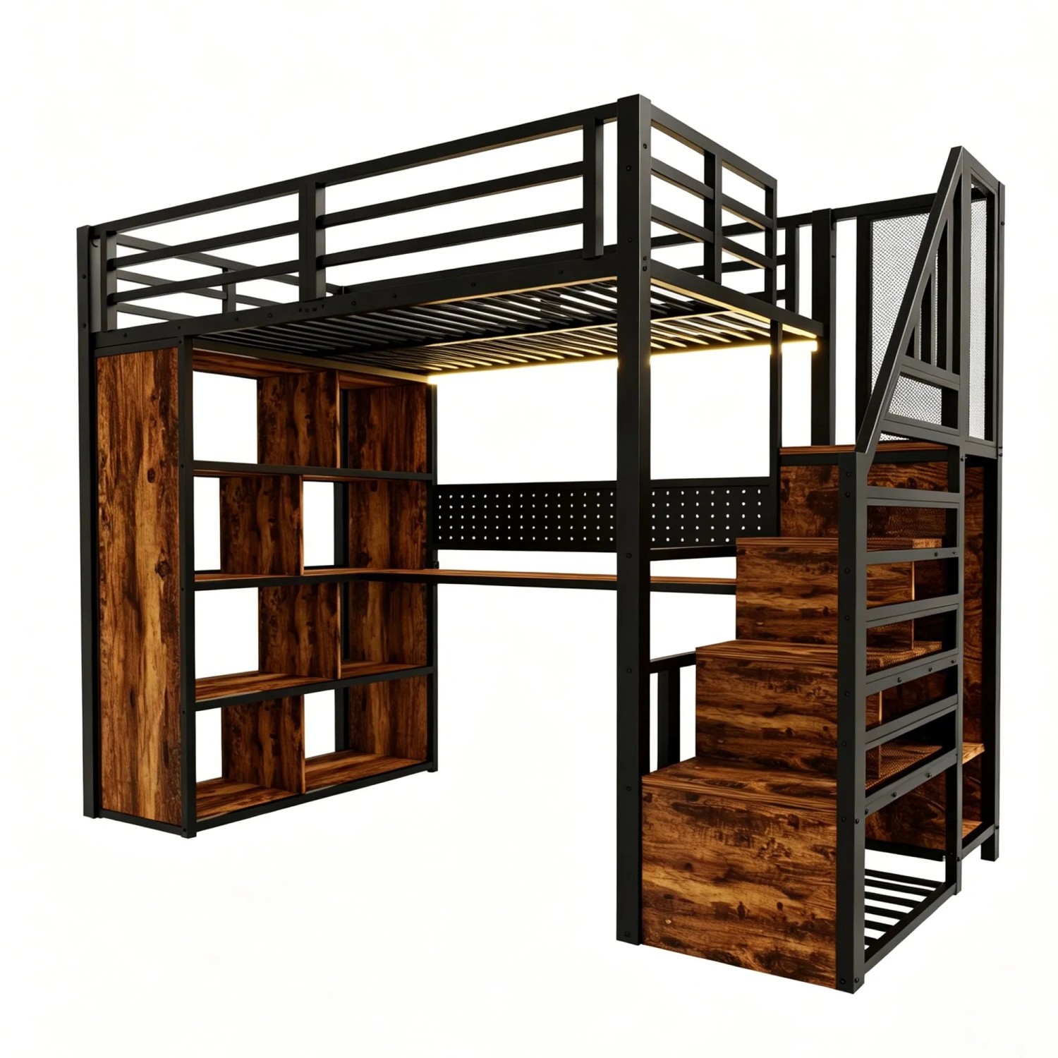 okwish Hochbett 90x200cm mit Stauschrank und LED Lichtleiste Schwarz ohne Matratze