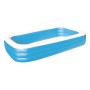 Blauer Bestway Family Pool Deluxe, rechteckig, mit drei Luftringen und weißen Rändern.