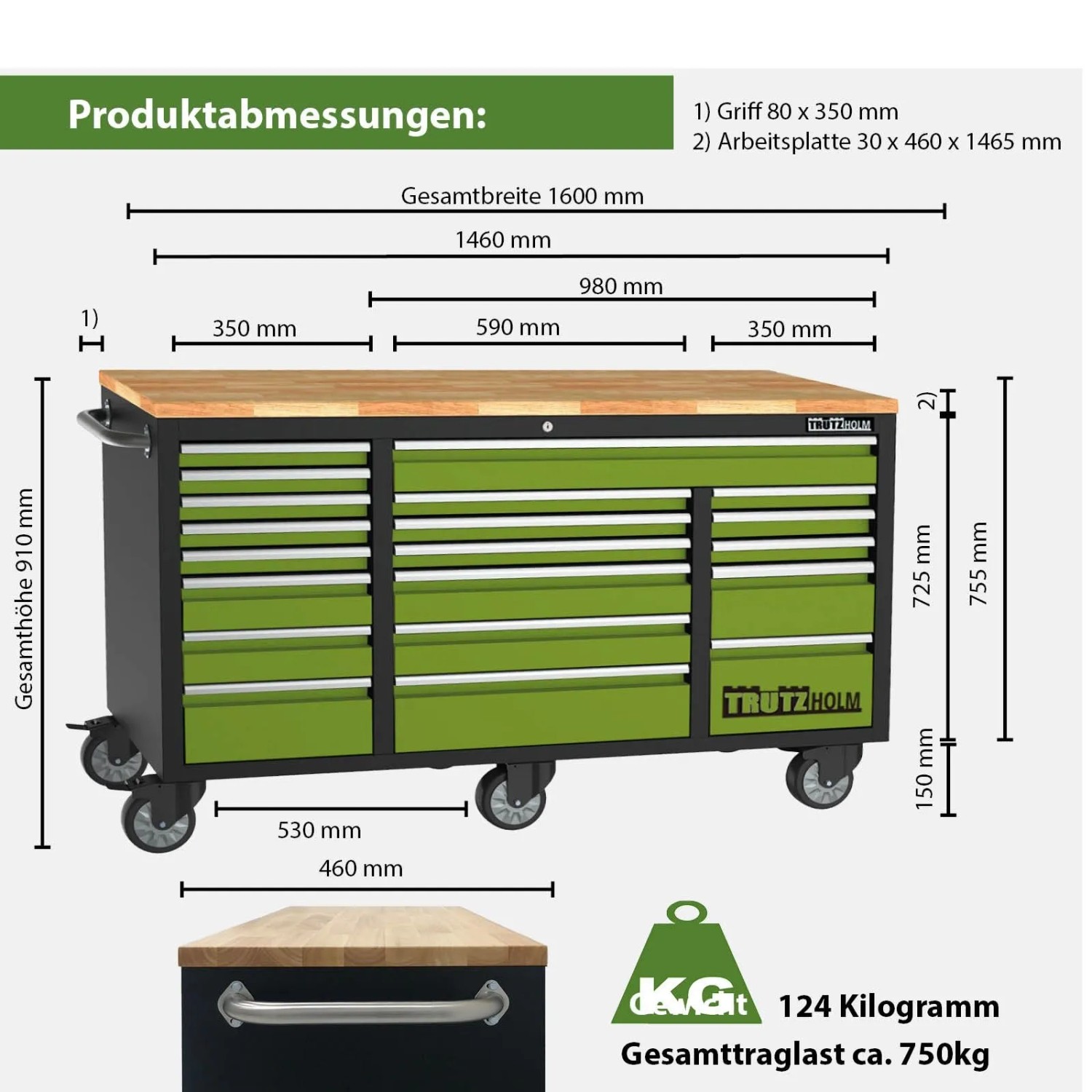 Grüner TRUTZHOLM Werkstattwagen XXL mit 20 Schubladen, robuster Hartholz-Arbeitsplatte und Rollen. Mobil für Werkstatt.