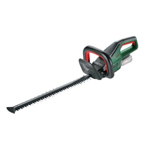 Bosch Akku-Heckenschere UniversalHedgeCut 18-55 in Grün-Schwarz, kabellos, mit langer Klinge und roten Griffen.