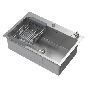 Rechteckiges ML-Design Edelstahl Spülbecken (68x45 cm) mit Abtropfkorb und Seifenspender.
