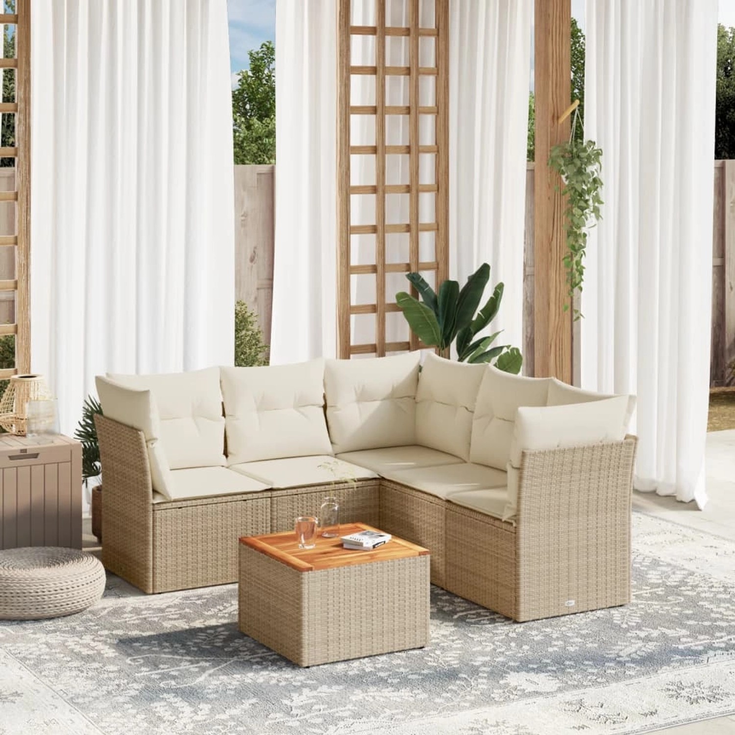 Beige 6-tlg. Garten-Sofagarnitur aus Rattan mit Kissen. Modulares Lounge Set für Terrasse und Garten.
