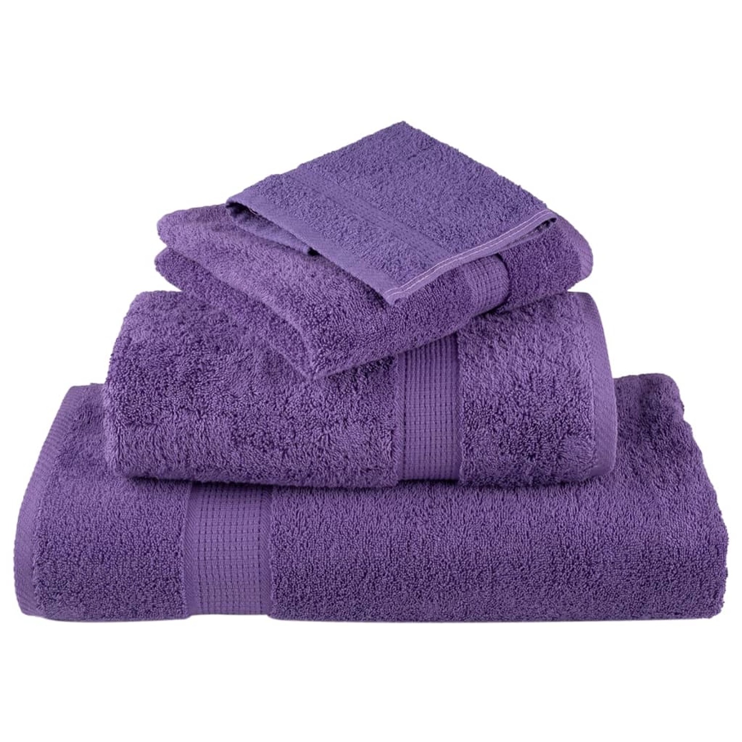 Gestapelte, lila Premium-Handtücher, 10er-Set, 50x100cm, 600 g/m², aus 100% Baumwolle.