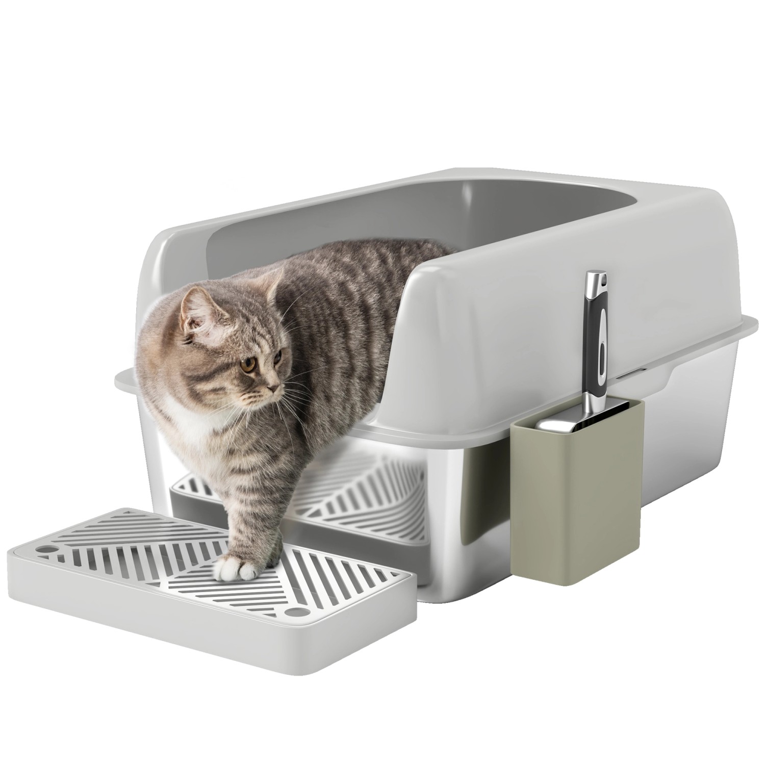 Thumbnail - PawHut Katzentoilette ABS Edelstahl Hellgrau 60,2L x 40,6B x 29H cm