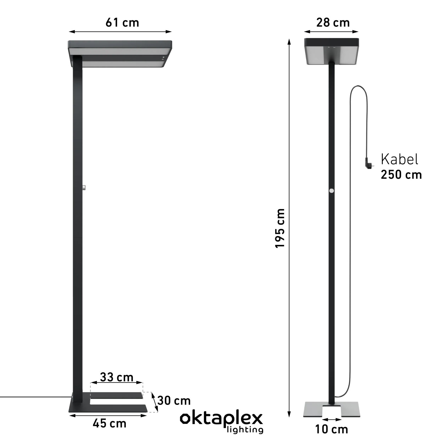 Oktaplex Lyse Stehlampe, Aluminium, schwarz, mit Sensor, dimmbar, 4000K, 80W. Büro Leuchte mit Maßen.