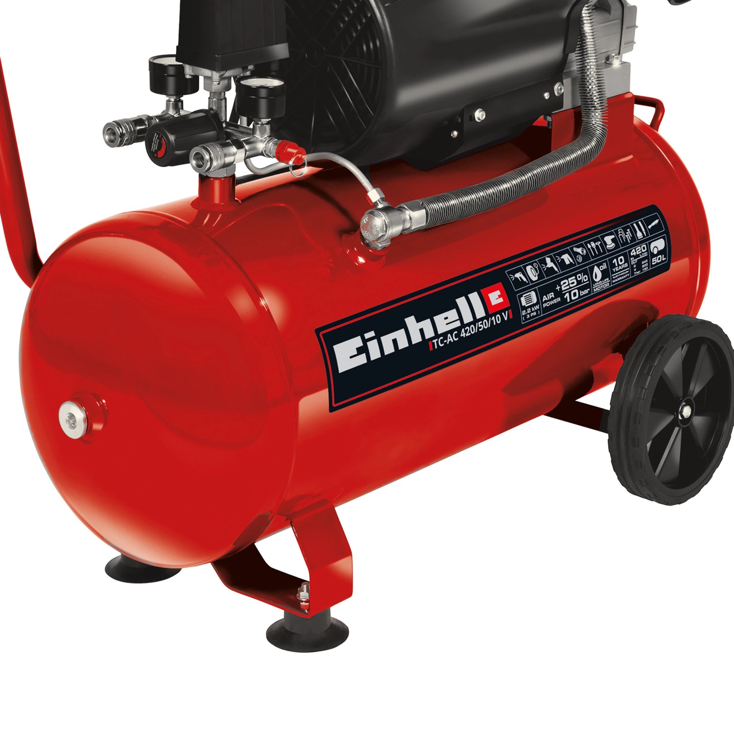 Roter Einhell Kompressor TC-AC 420/50/10 V mit 50 l Kessel und Manometer.