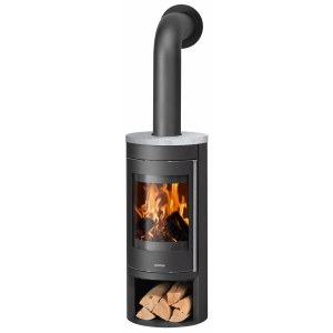 Justus Kaminofen Mino 2.0, Stahl schwarz, Speckstein grau, mit Holz im Stauraum.