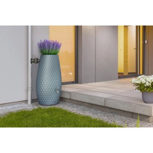 Garantia TRIAGON Regentonne Agave mit Bepflanzung. Moderne, graue Tonne mit Rautenmuster und Wasserhahn.