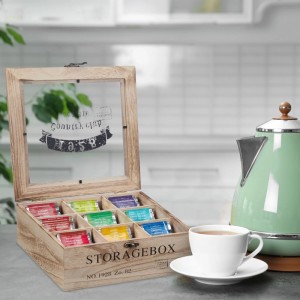Relaxdays Teebox Holz Natur Mit Sichtfenster 9 Fächer 9 cm x 24 cm x 25 cm 470 g