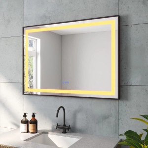 Aquabatos LED Badspiegel 100x70 mit schwarzem Rahmen und dimmbarer Beleuchtung.