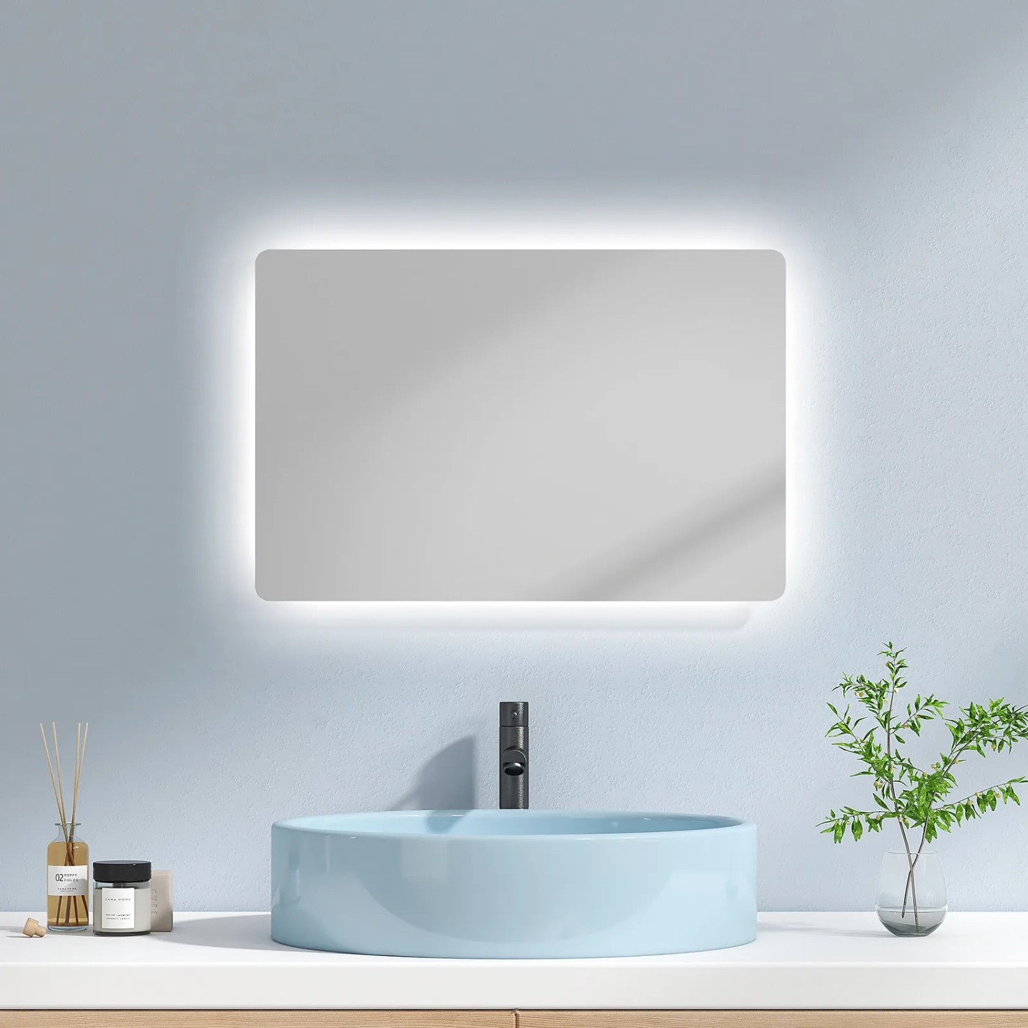 Emke Badspiegel mit LED-Beleuchtung, 40x60 cm, mit Kippschalter und Anti-Beschlag Funktion.