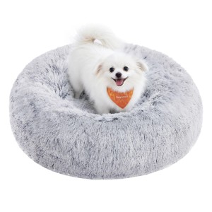 Feandrea Hundebett flauschig grau, 60 cm, mit kleinem weißen Hund. Kuscheliges Hundesofa mit Plüsch.