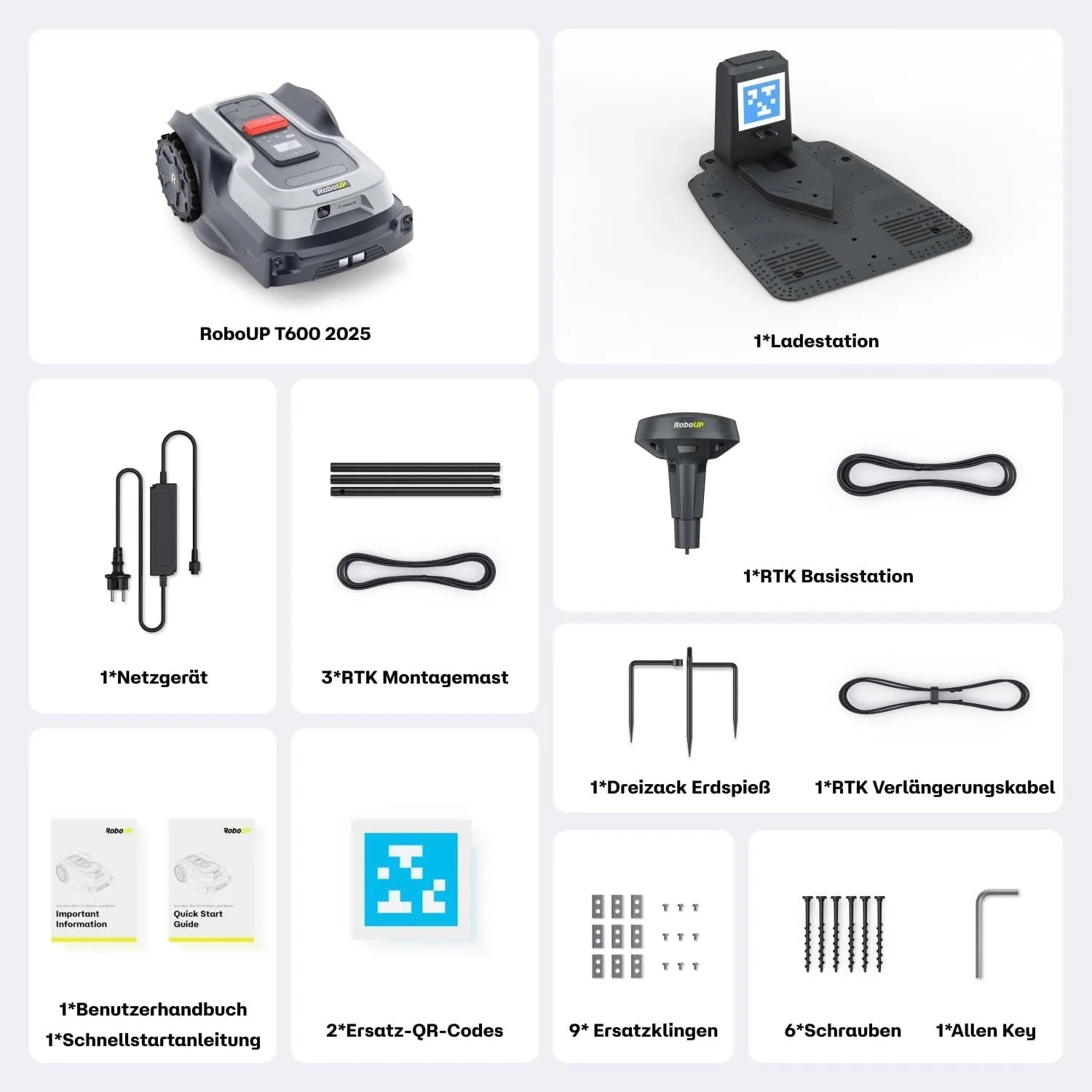 RoboUP T600 Mähroboter, Ladestation, RTK Basisstation, Netzgerät, Klingen und Zubehör. Lieferumfang für Rasenroboter.