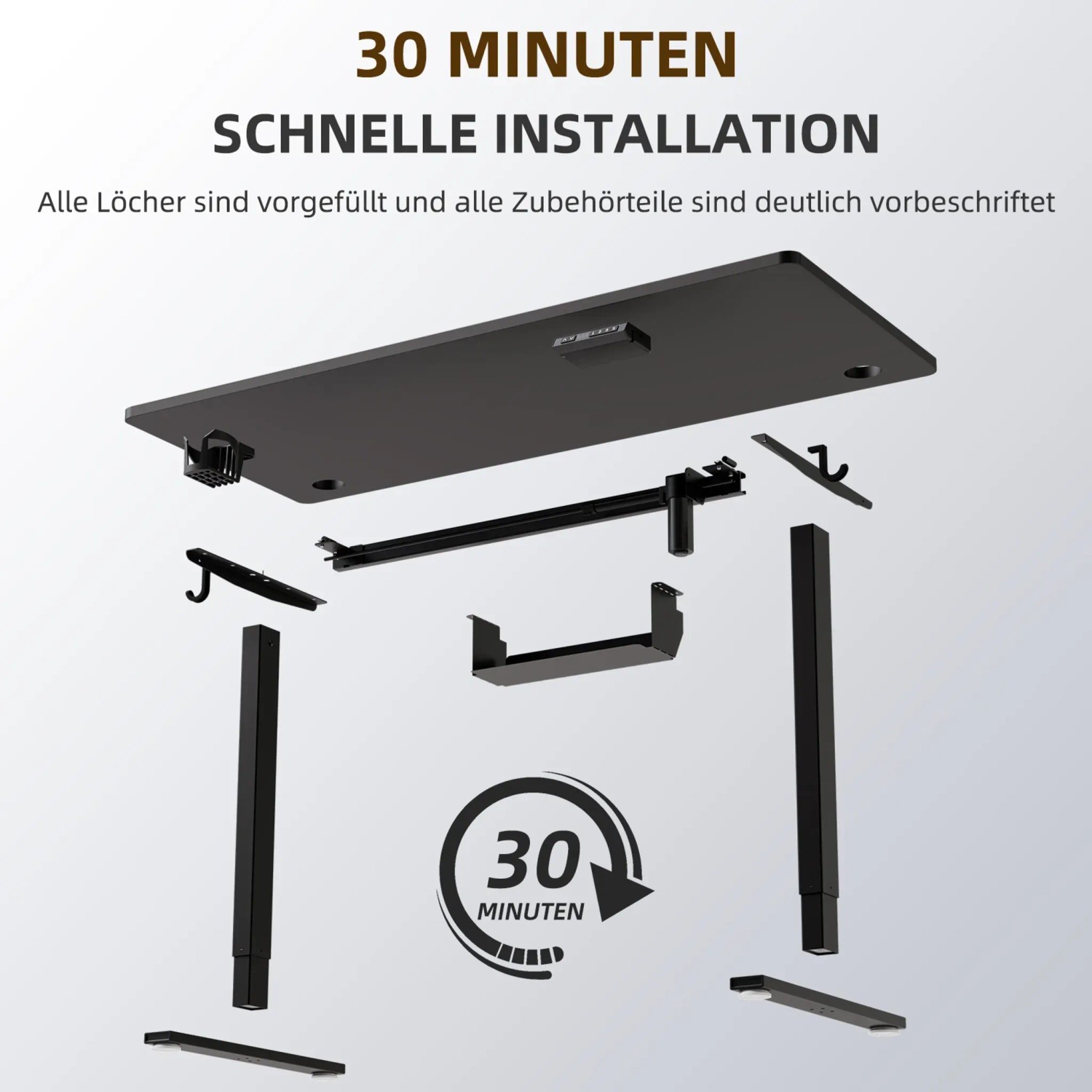 Explosionszeichnung HOMAVO Schreibtisch, höhenverstellbar, 120x60cm, zeigt Einzelteile und einfache Montage.